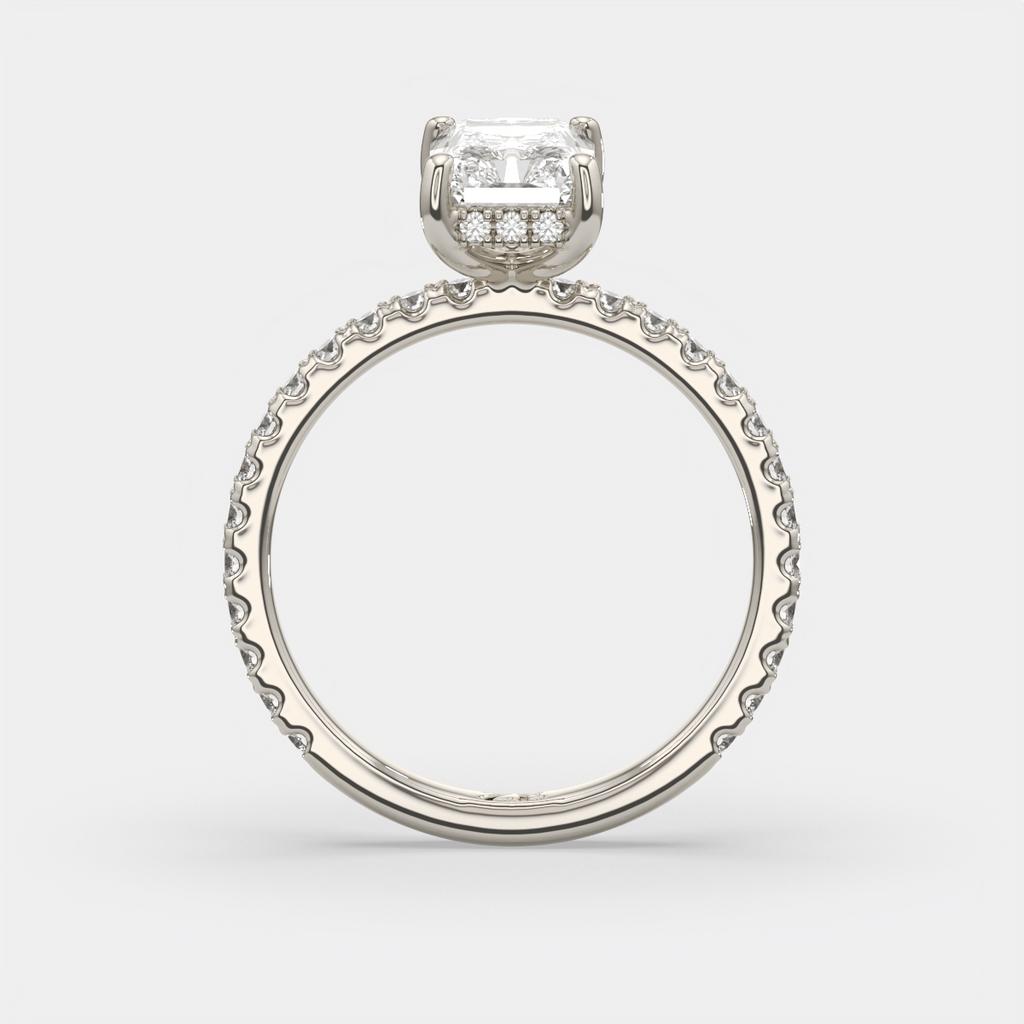 2.50 Ct E VS1 Radiant Cut Diamond Halo Ring, in white gold, side profile