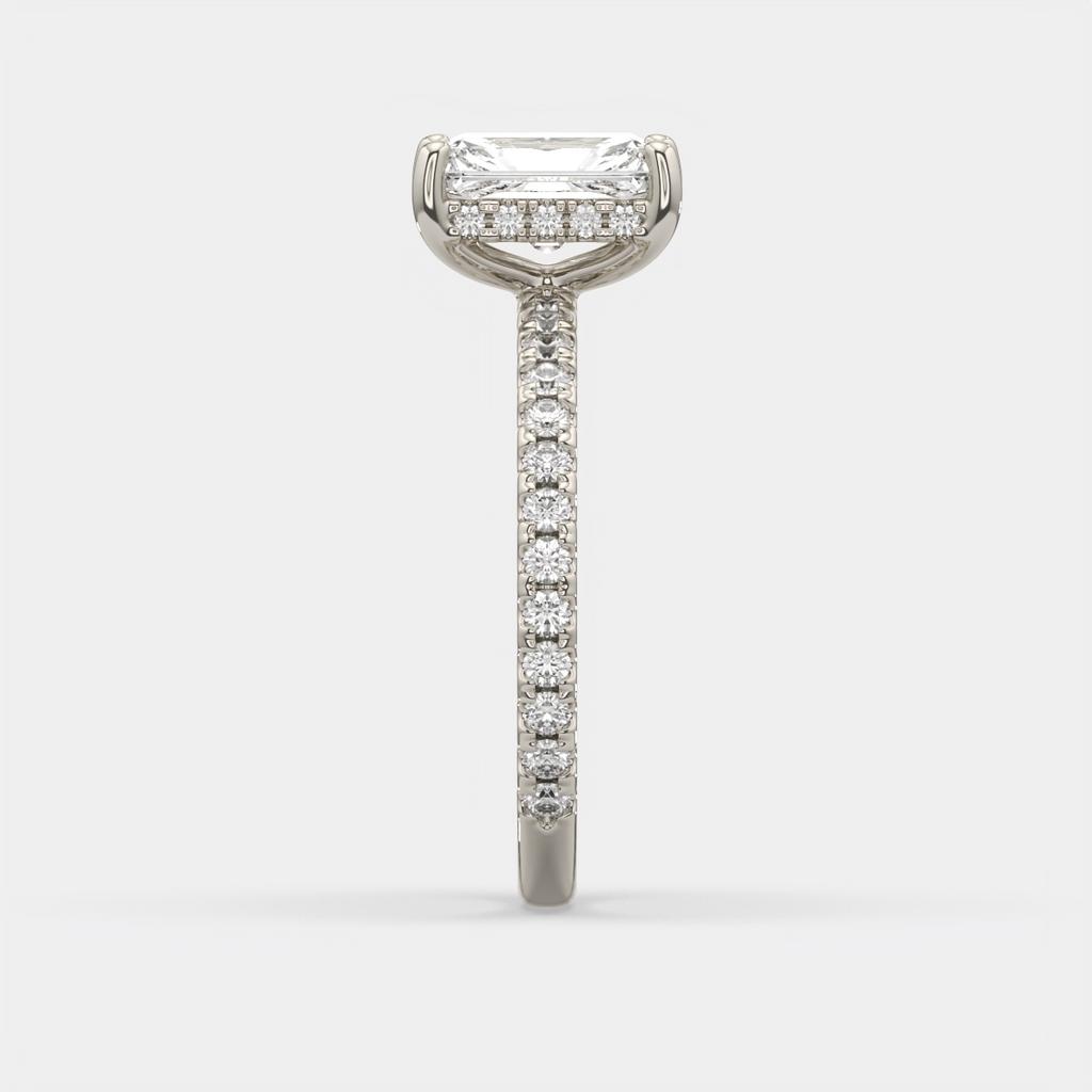 2.50 Ct E VS1 Radiant Cut Diamond Halo Ring, in white gold, side profile