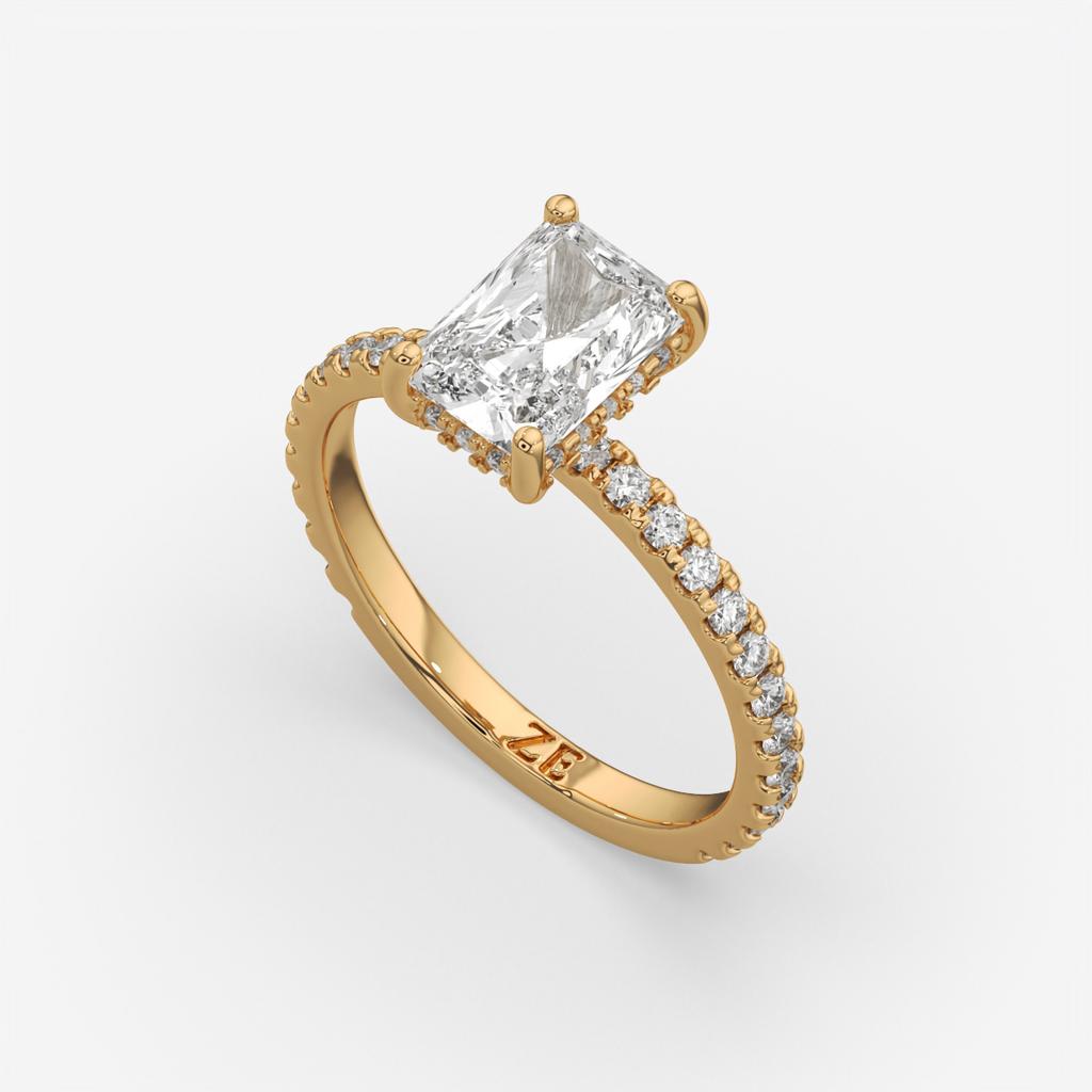 2.50 Ct E VS1 Radiant Cut Diamond Halo Ring, in yellow gold, front view