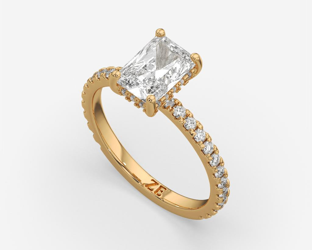 2.50 Ct E VS1 Radiant Cut Diamond Halo Ring, in yellow gold, front view