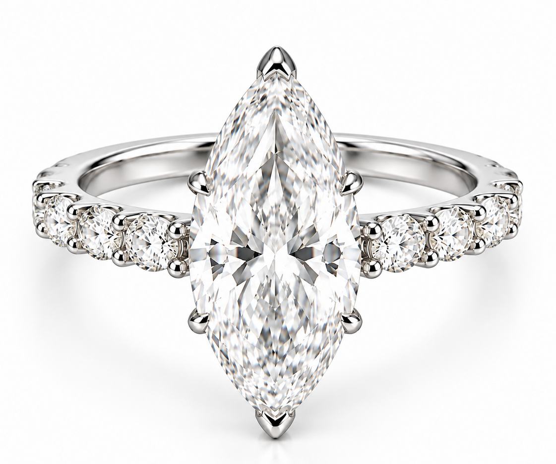 2.50 Ct D VS1 Marquise Lab-Grown Diamond Ring with Round Accents, in white gold, front view