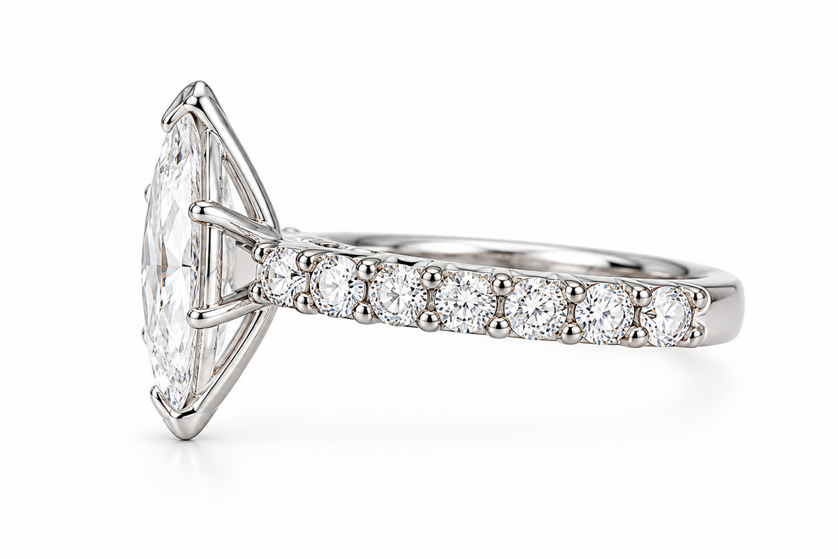 2.50 Ct D VS1 Marquise Lab-Grown Diamond Ring with Round Accents, in white gold, side profile