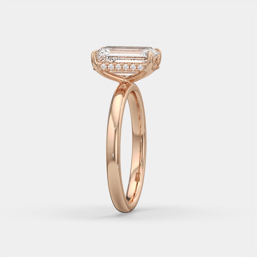 2.60 Ct E VS1 Emerald Cut Lab Grown Diamond Halo Ring, in rose gold, side profile