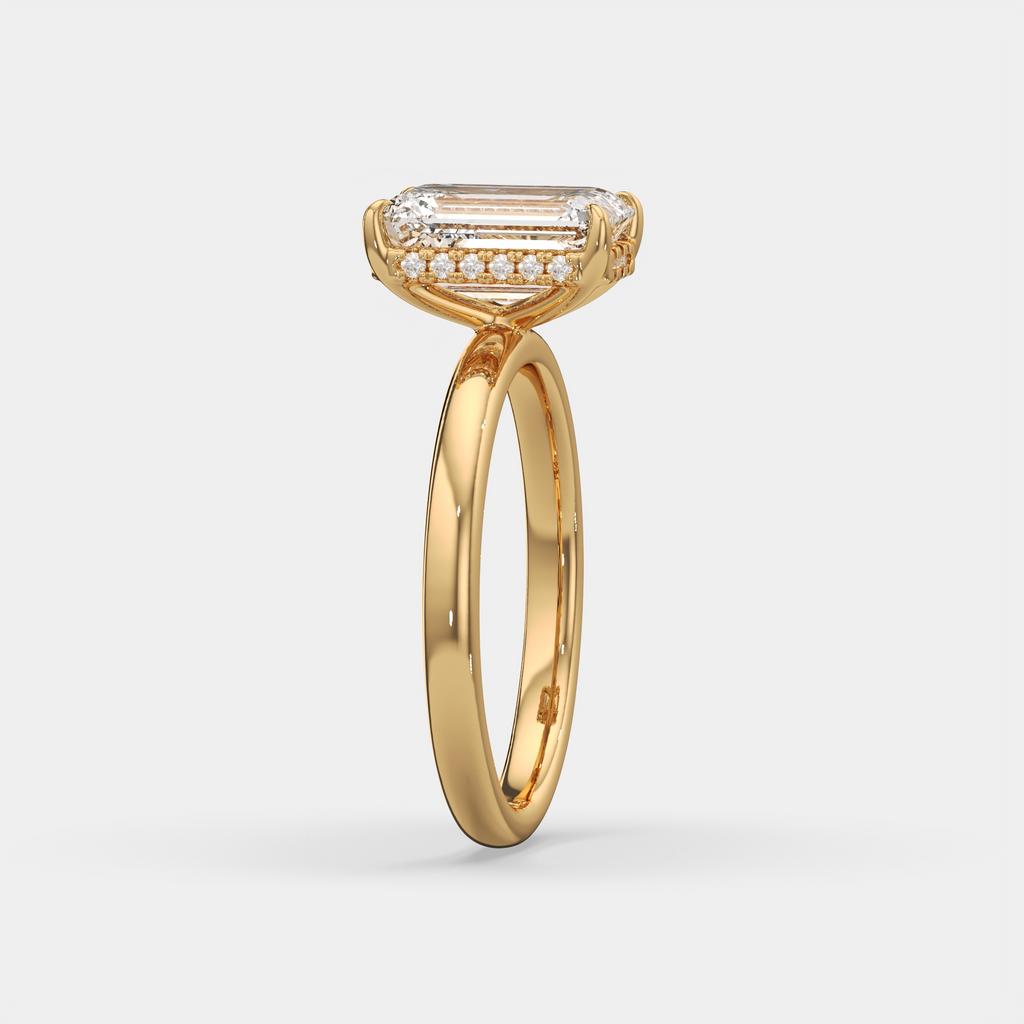2.60 Ct E VS1 Emerald Cut Lab Grown Diamond Halo Ring, in yellow gold, side profile