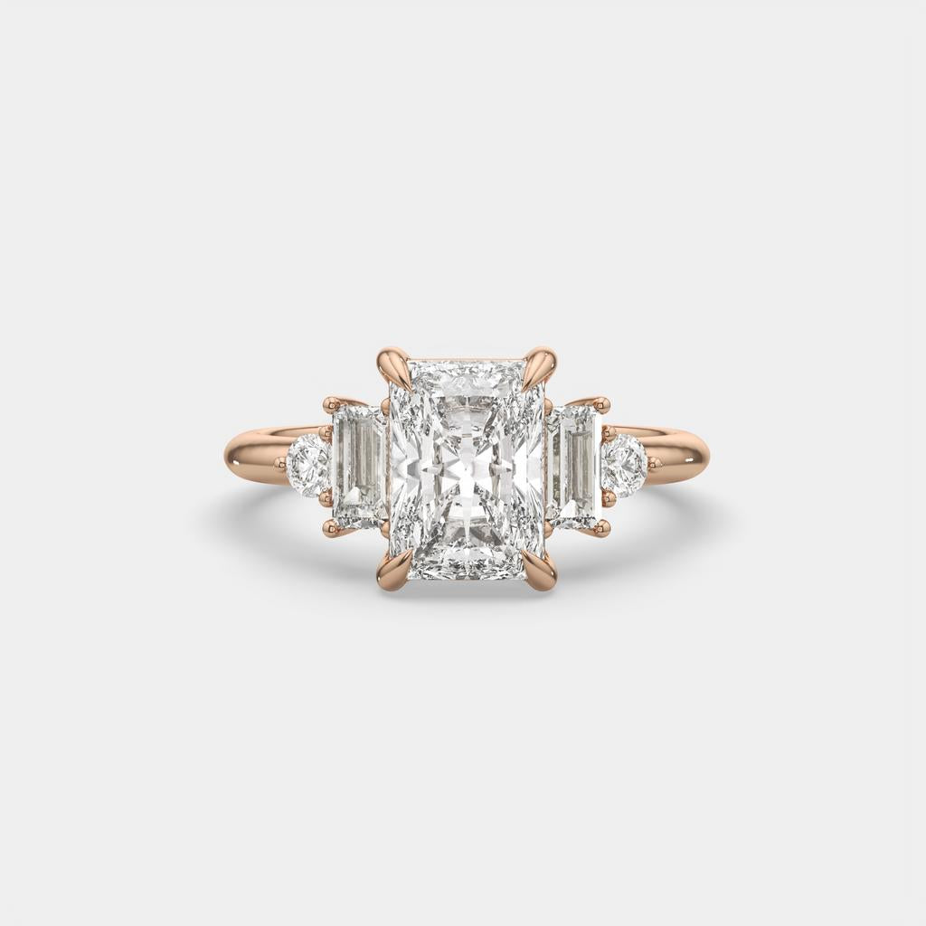 2.60 Ct E Color VS1 Radiant Diamond Ring With Baguette and Round Accents, in rose gold, front view