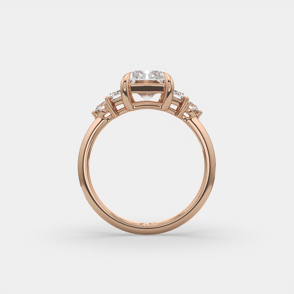2.60 Ct E Color VS1 Radiant Diamond Ring With Baguette and Round Accents, in rose gold, side profile