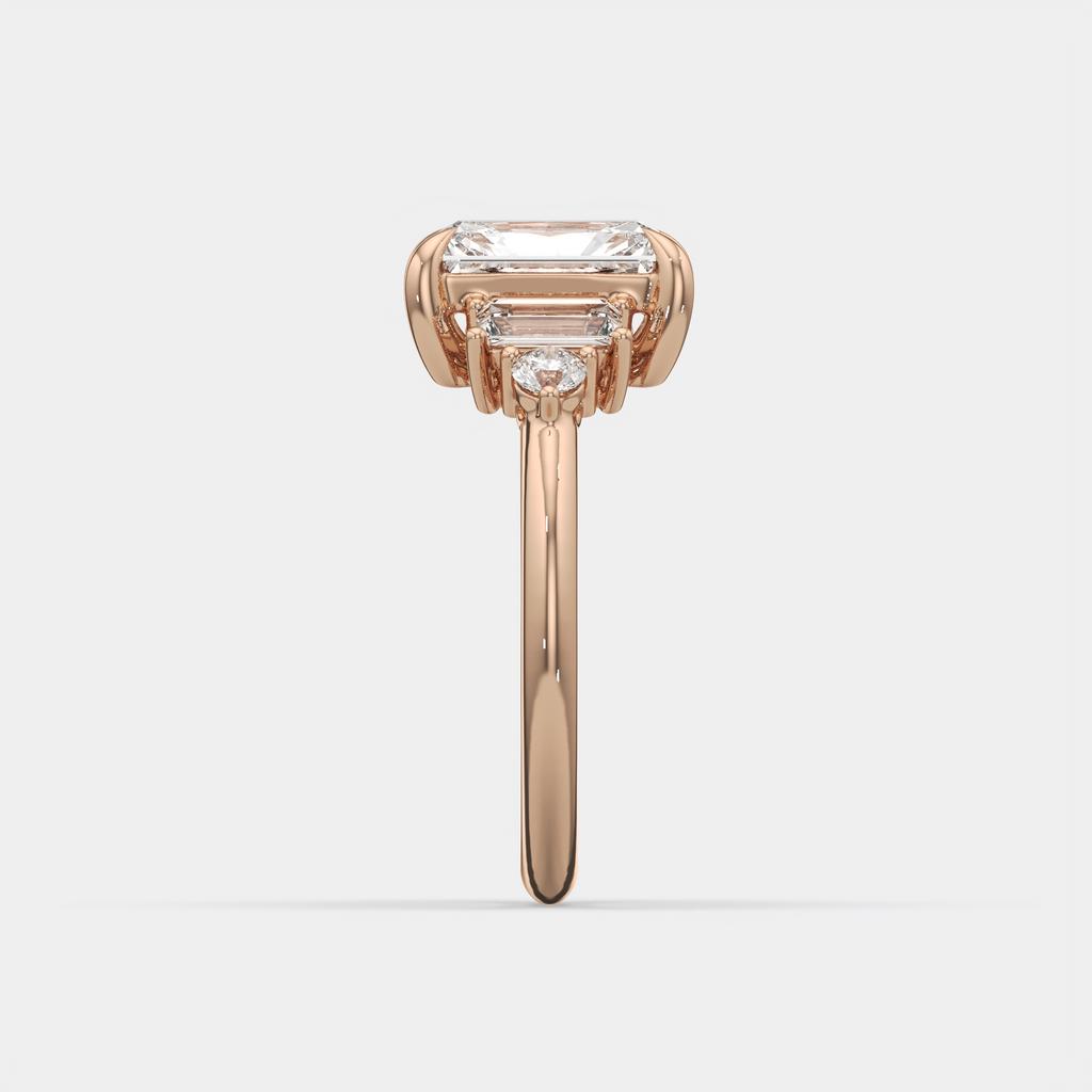 2.60 Ct E Color VS1 Radiant Diamond Ring With Baguette and Round Accents, in rose gold, side profile