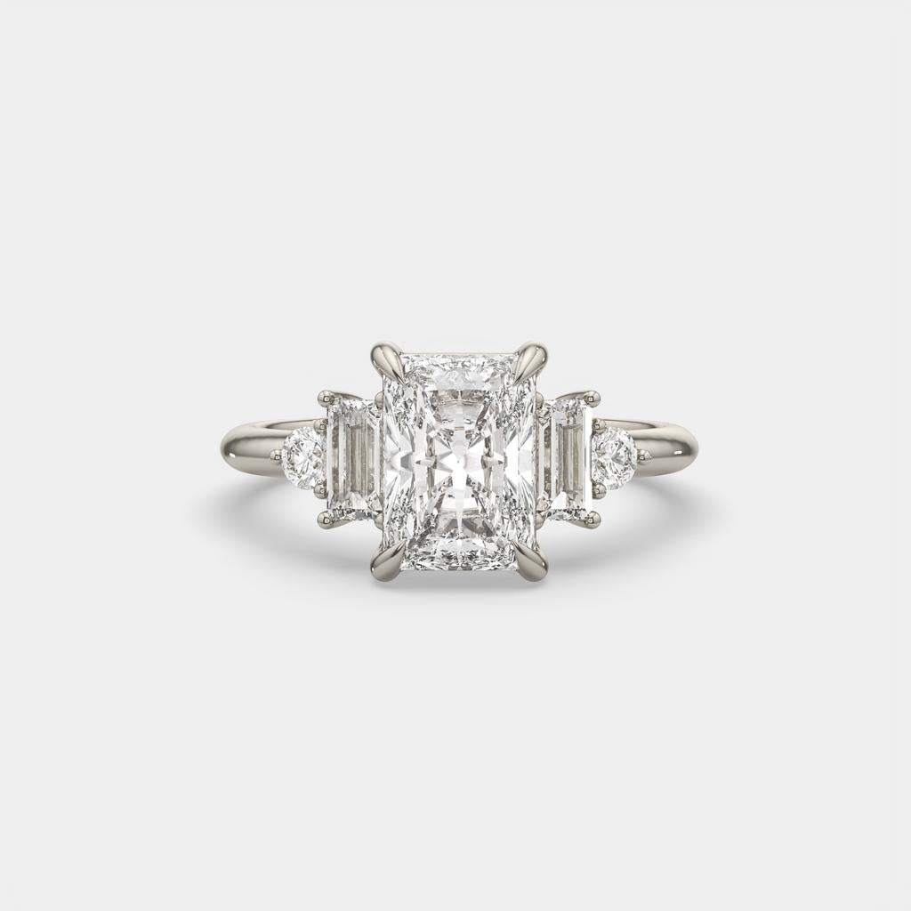 2.60 Ct E Color VS1 Radiant Diamond Ring With Baguette and Round Accents, in white gold, front view