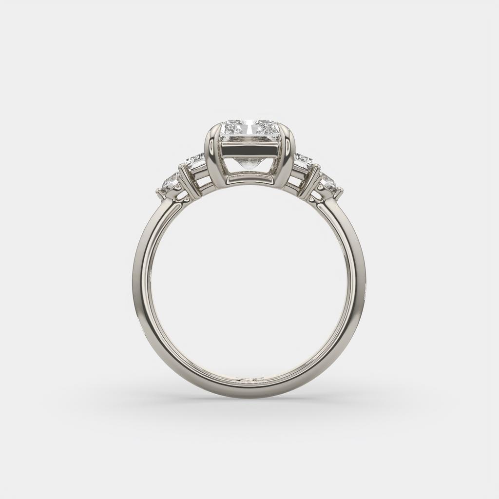 2.60 Ct E Color VS1 Radiant Diamond Ring With Baguette and Round Accents, in white gold, side profile