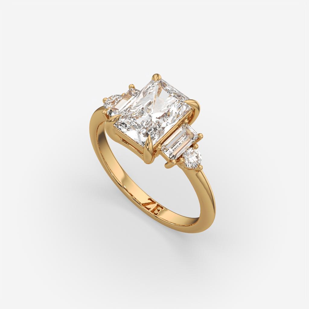 2.60 Ct E Color VS1 Radiant Diamond Ring With Baguette and Round Accents, in yellow gold, front view