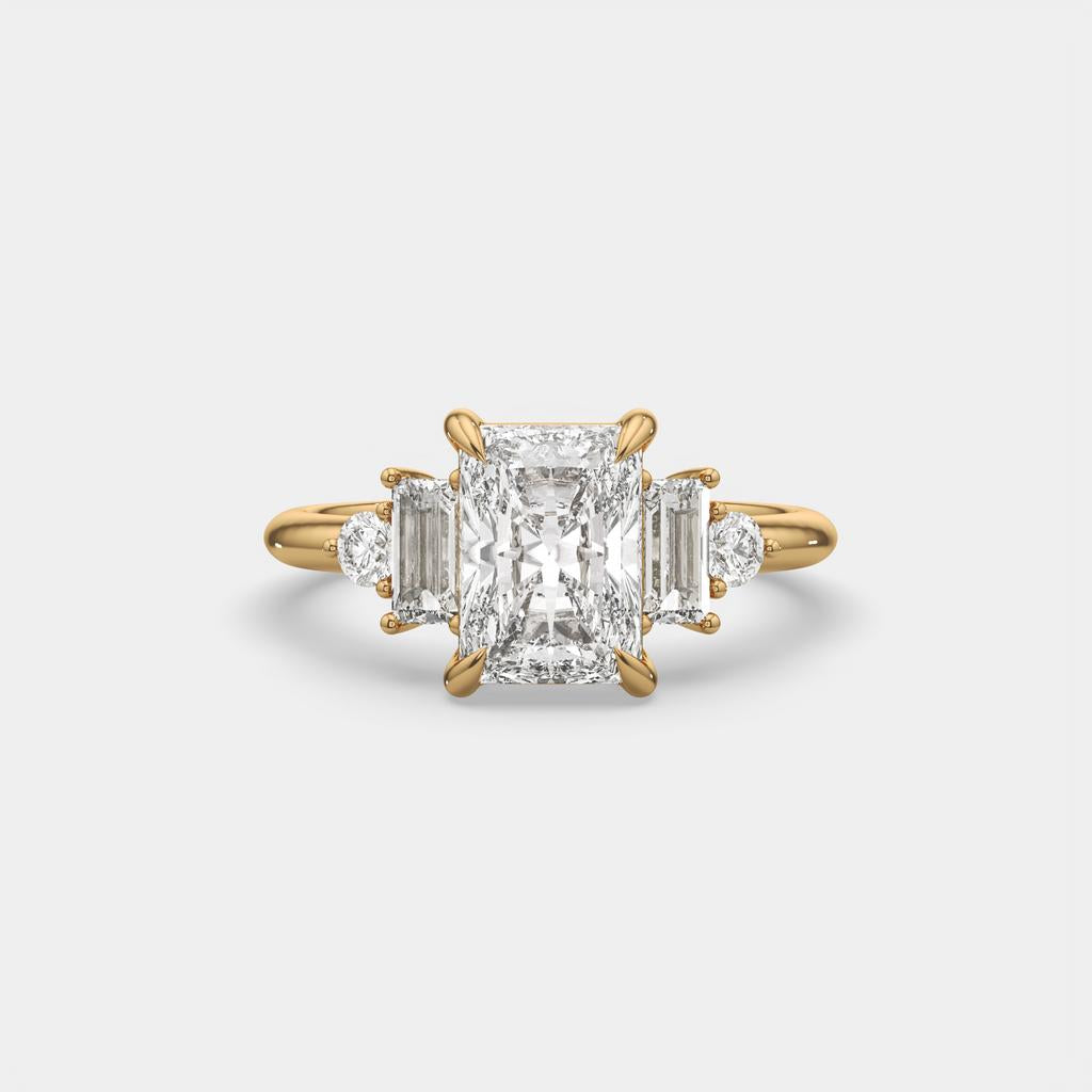 2.60 Ct E Color VS1 Radiant Diamond Ring With Baguette and Round Accents, in yellow gold, front view