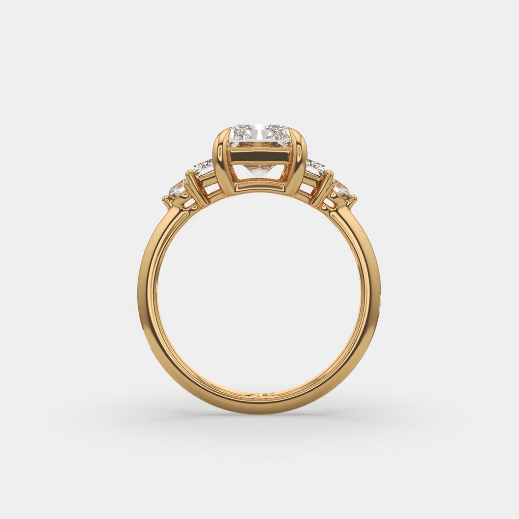 2.60 Ct E Color VS1 Radiant Diamond Ring With Baguette and Round Accents, in yellow gold, side profile
