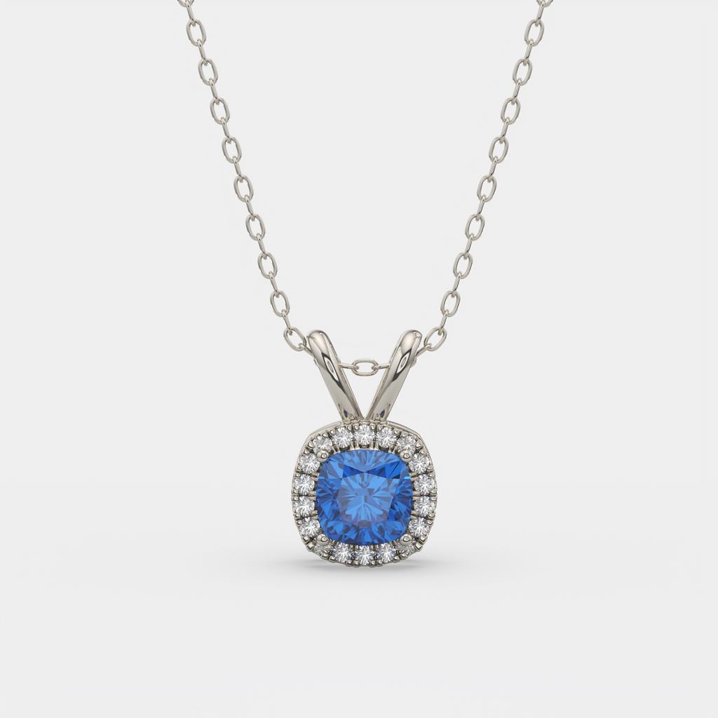 2.90 Ct Cushion Blue Sapphire Diamond Halo Pendant, in white gold, front view