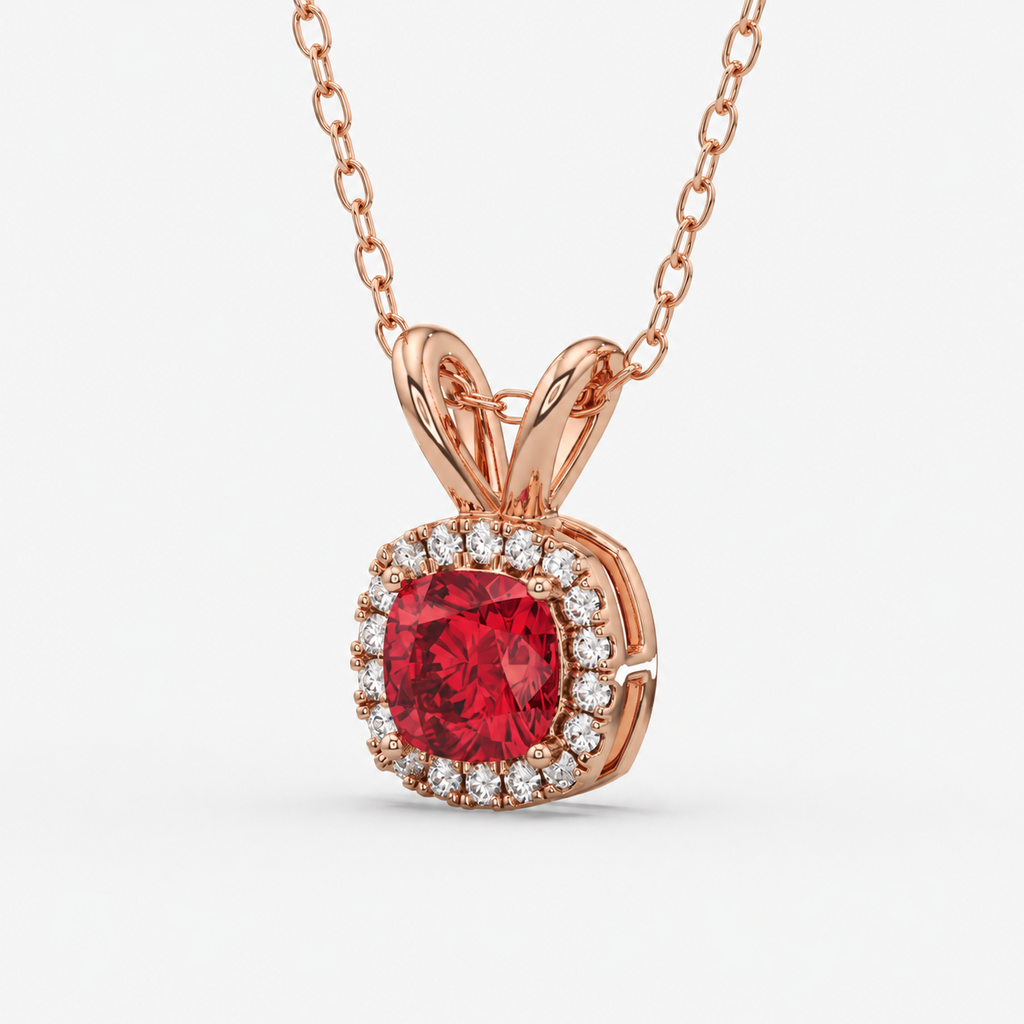 2.90 Ct Cushion Ruby Diamond Halo Pendant, in rose gold, front view