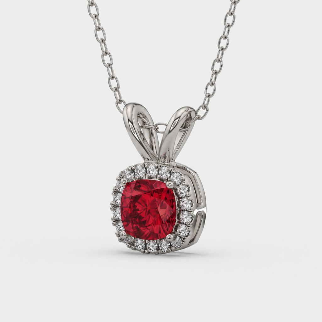 2.90 Ct Cushion Ruby Diamond Halo Pendant, in white gold, front view