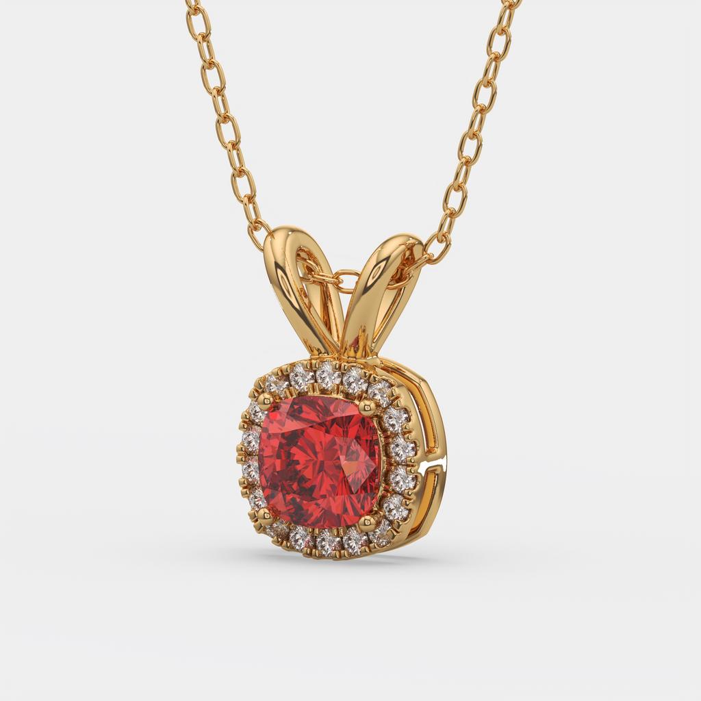 2.90 Ct Cushion Ruby Diamond Halo Pendant, in yellow gold, front view