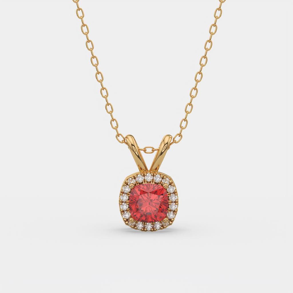 2.90 Ct Cushion Ruby Diamond Halo Pendant, in yellow gold, front view