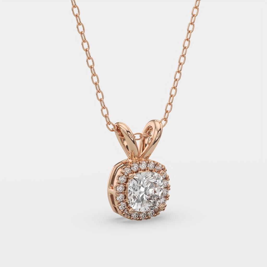 2.90 Ct F VS1 Cushion Diamond Halo Pendant | IGI Certified Lab-Grown, in rose gold, front view