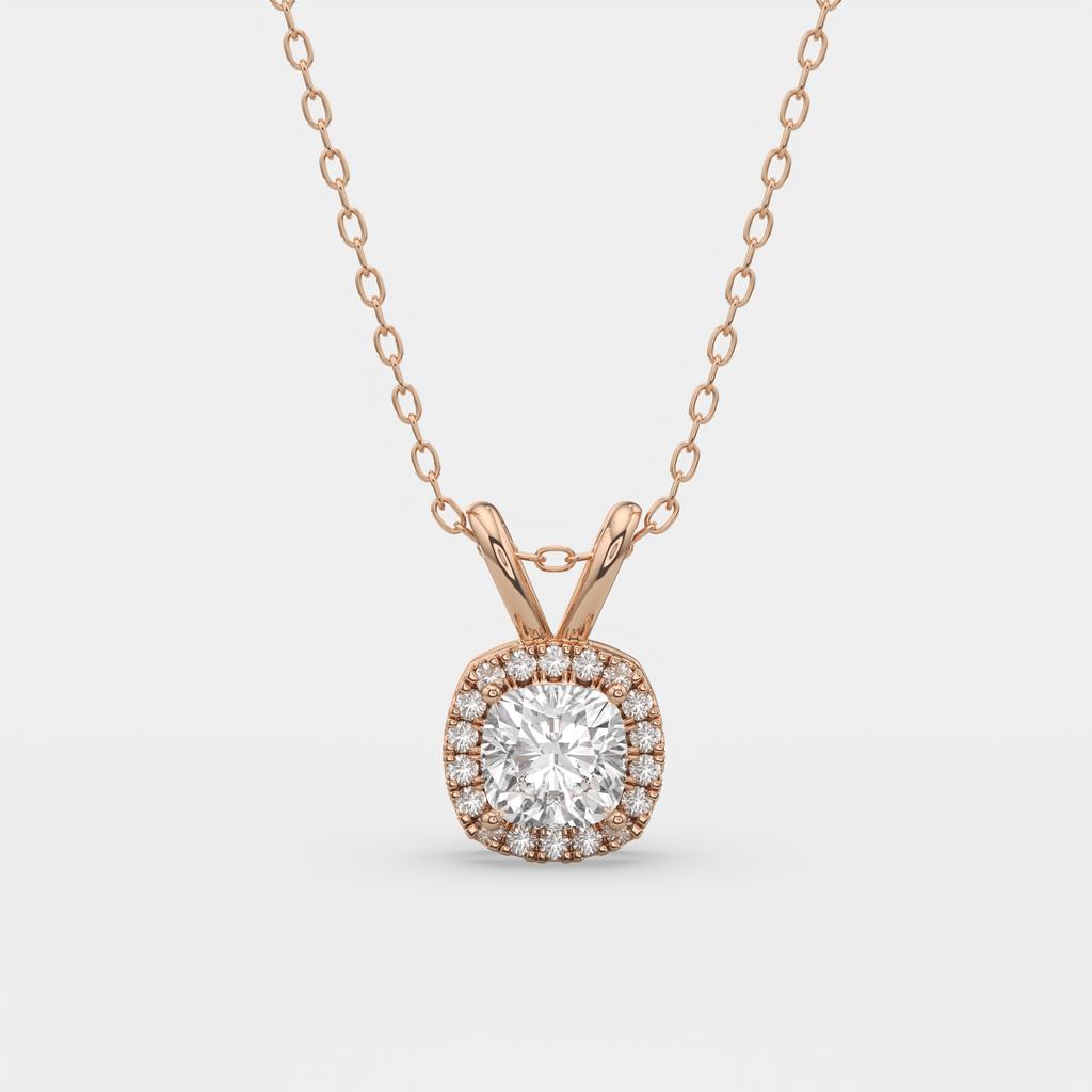 2.90 Ct F VS1 Cushion Diamond Halo Pendant | IGI Certified Lab-Grown, in rose gold, front view