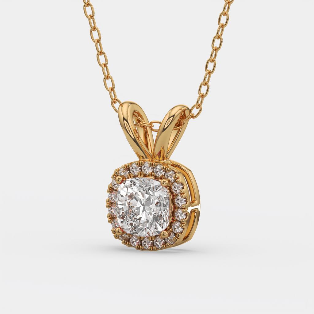 2.90 Ct F VS1 Cushion Diamond Halo Pendant | IGI Certified Lab-Grown, in yellow gold, front view