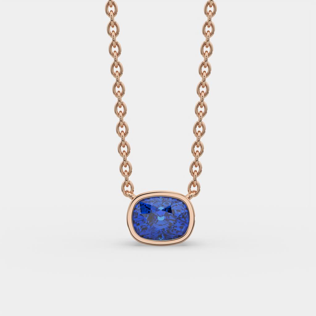 3.00 Ct Cushion Blue Sapphire East West Pendant, in rose gold, front view