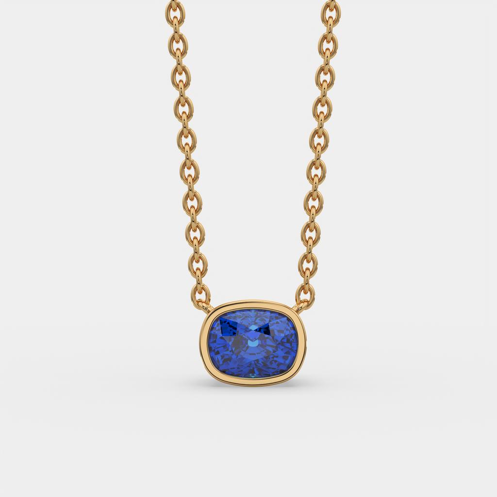 3.00 Ct Cushion Blue Sapphire East West Pendant, in yellow gold, front view