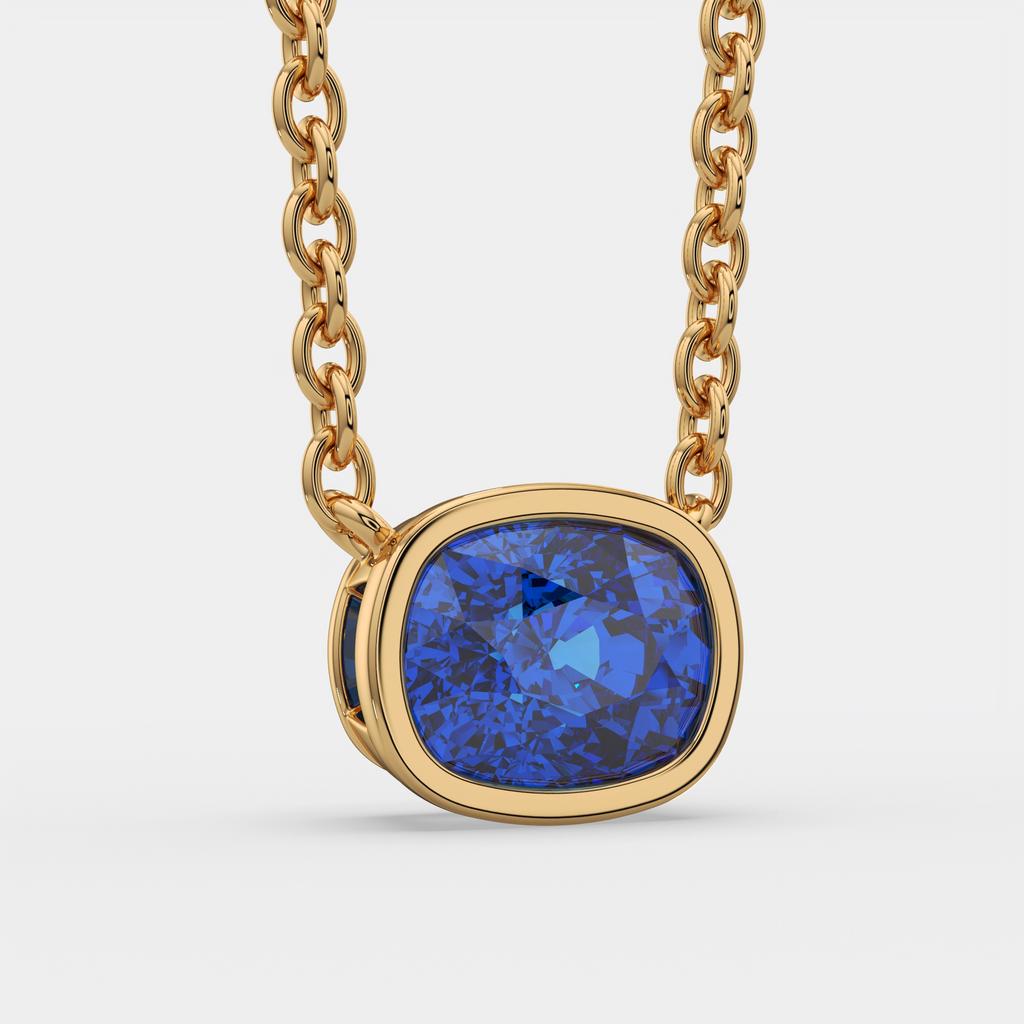 3.00 Ct Cushion Blue Sapphire East West Pendant, in yellow gold, side profile