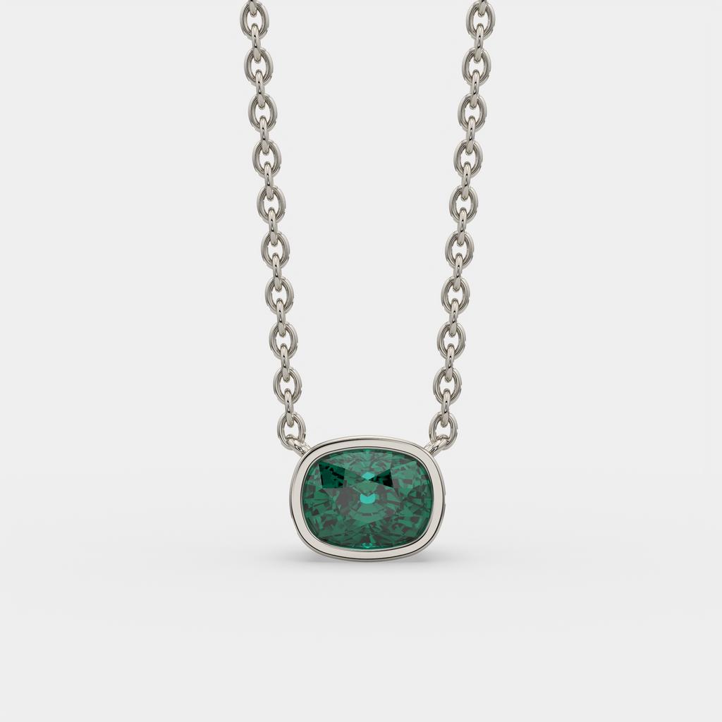 3.00 Ct Cushion Green Emerald East West Pendant, in white gold, front view