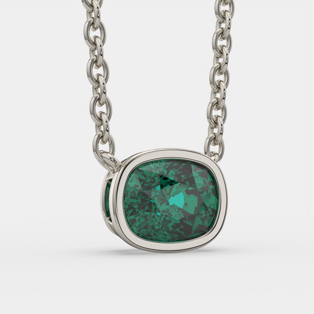3.00 Ct Cushion Green Emerald East West Pendant, in white gold, front view