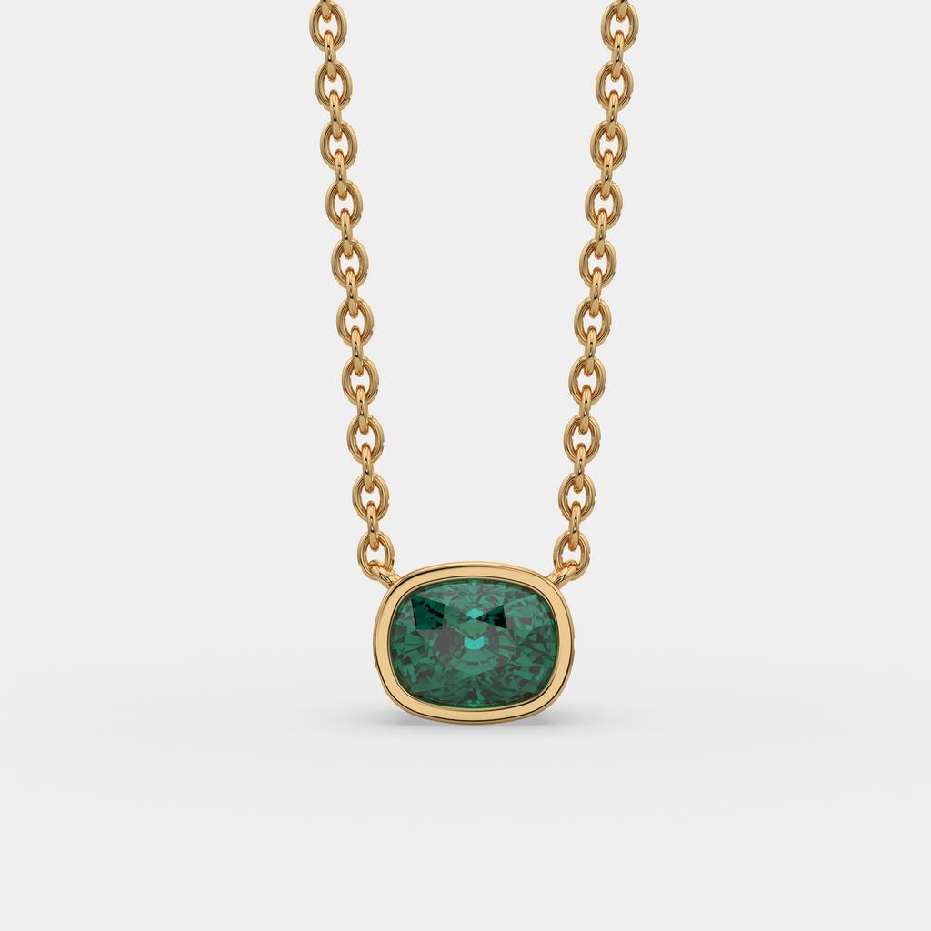 3.00 Ct Cushion Green Emerald East West Pendant, in yellow gold, front view