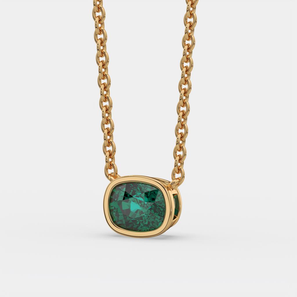 3.00 Ct Cushion Green Emerald East West Pendant, in yellow gold, side profile