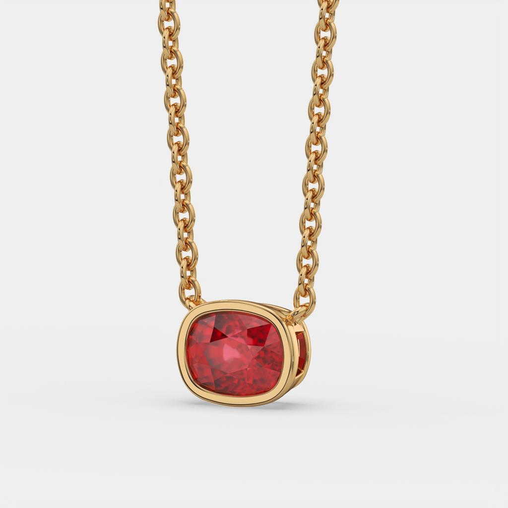 3.00 Ct Cushion Red Ruby East West Pendant, in yellow gold, front view