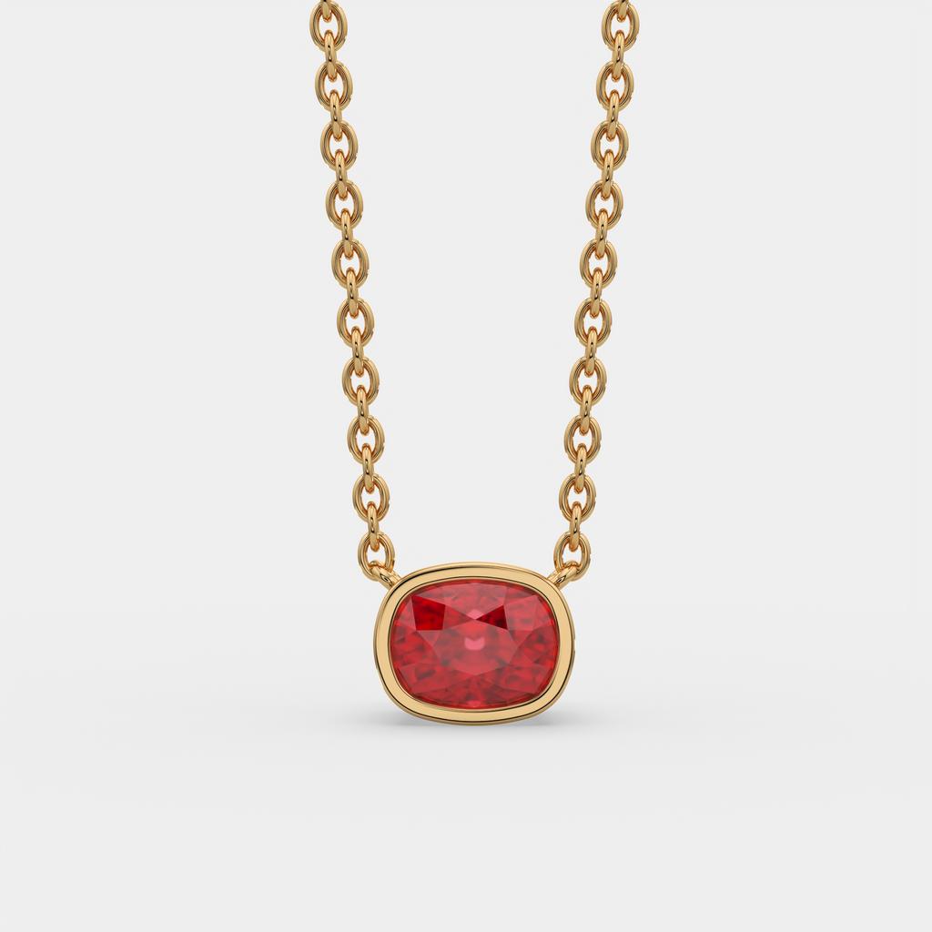 3.00 Ct Cushion Red Ruby East West Pendant, in yellow gold, front view