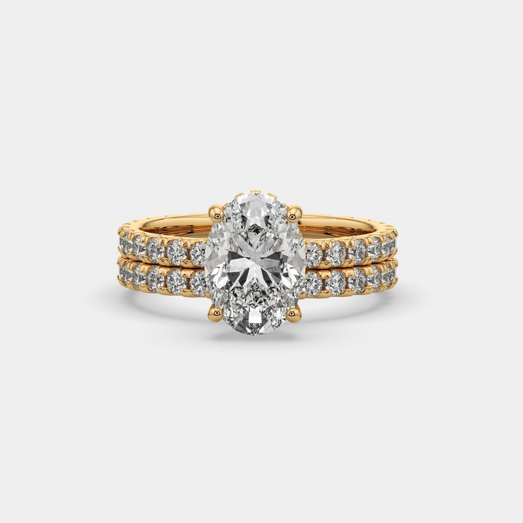 3.00 Ct D VS1 Oval Lab-Grown Diamond Engagement Ring with Matching Band, in yellow gold, front view