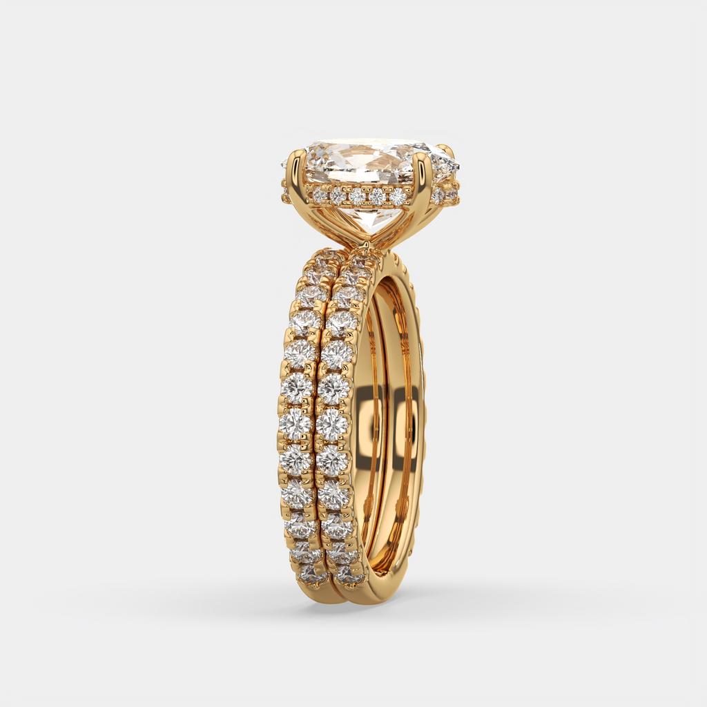 3.00 Ct D VS1 Oval Lab-Grown Diamond Engagement Ring with Matching Band, in yellow gold, side profile