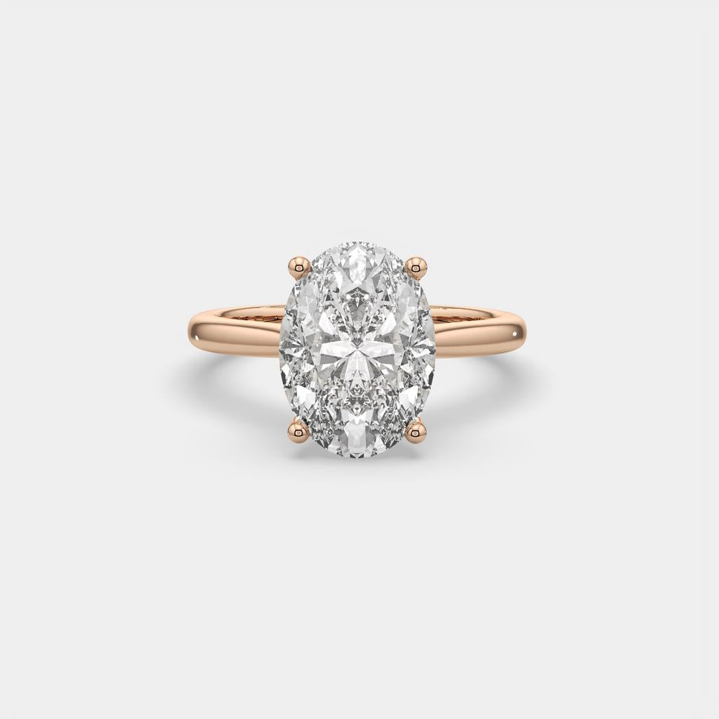 3.00 Ct D VS1 Oval Solitaire Diamond Ring Tulip Setting, in rose gold, front view
