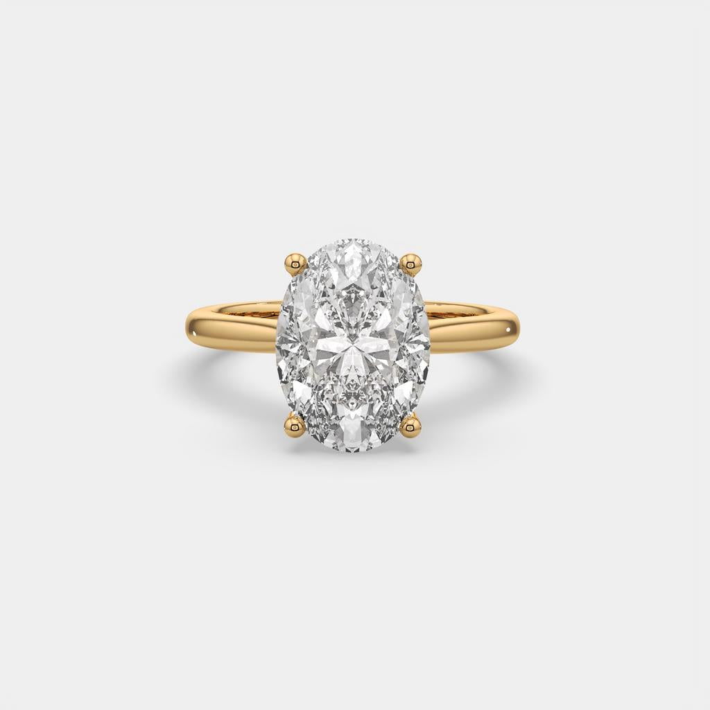 3.00 Ct D VS1 Oval Solitaire Diamond Ring Tulip Setting, in yellow gold, front view