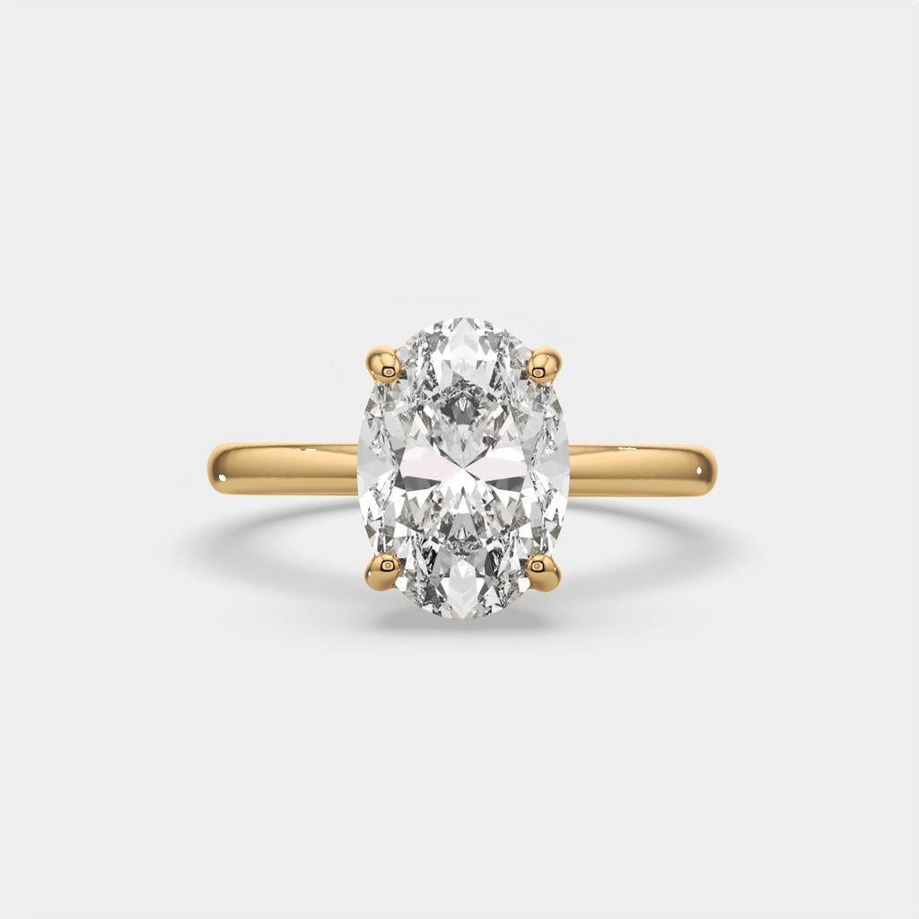 3.00 Ct D VS1 Oval Solitaire Lab Grown Diamond Ring, in yellow gold, front view
