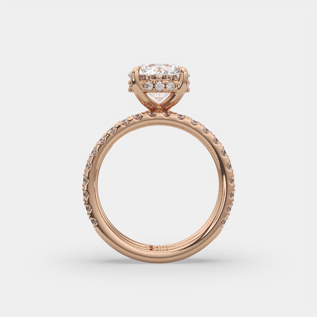 3.00 Ct D VS1 Round Diamond Halo Engagement Ring with Matching Band, in rose gold, front view