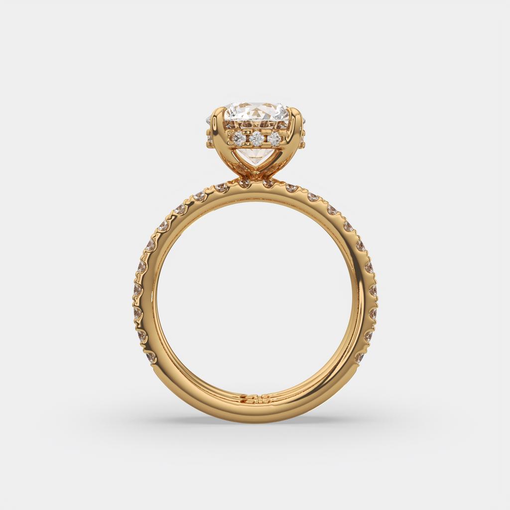 3.00 Ct D VS1 Round Diamond Halo Engagement Ring with Matching Band, in yellow gold, front view