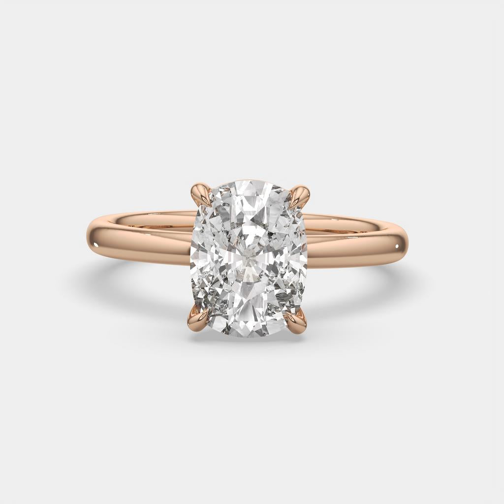 3.00 Ct E VS1 Elongated Cushion Solitaire Diamond Ring, in rose gold, front view