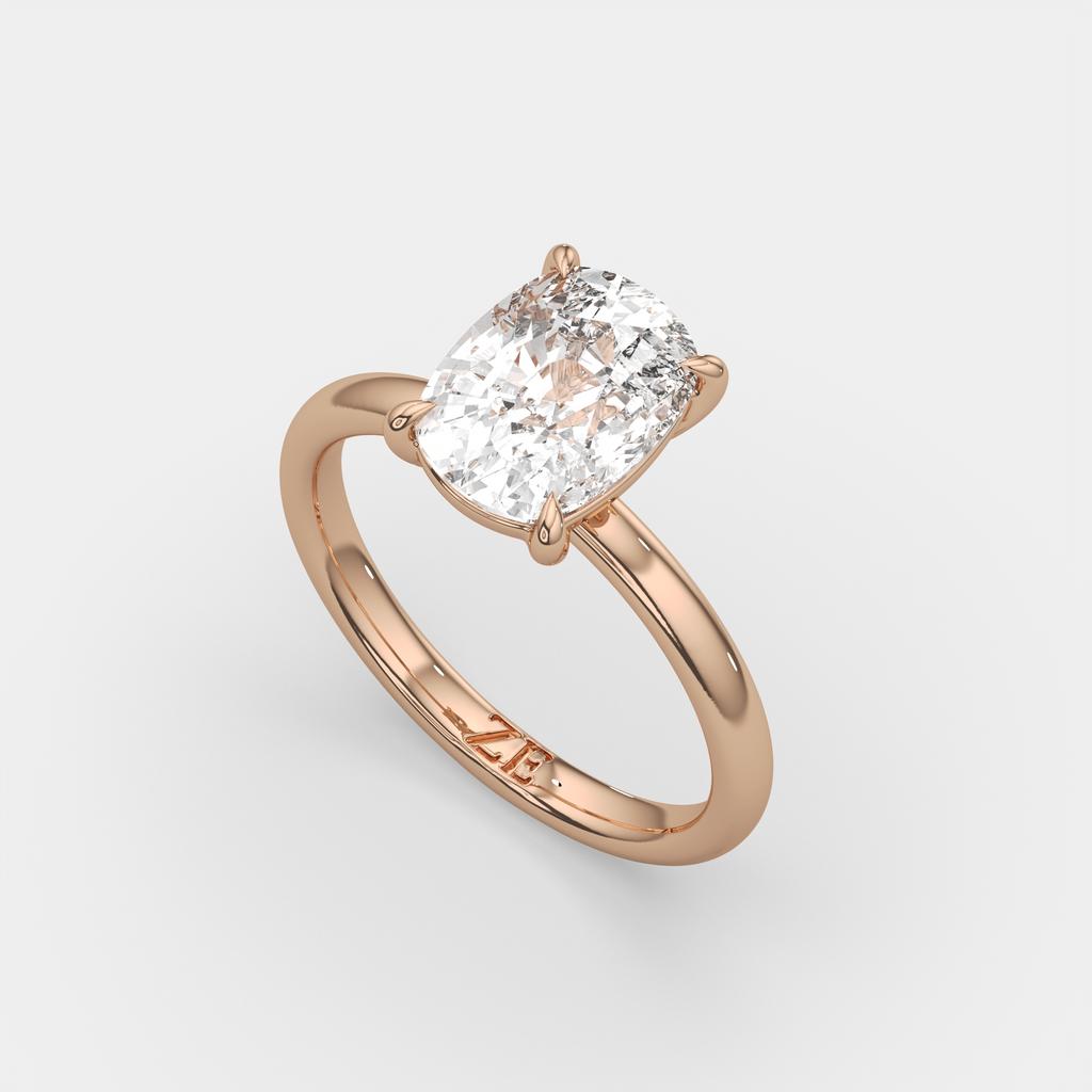 3.00 Ct E VS1 Elongated Cushion Solitaire Diamond Ring, in rose gold, side profile