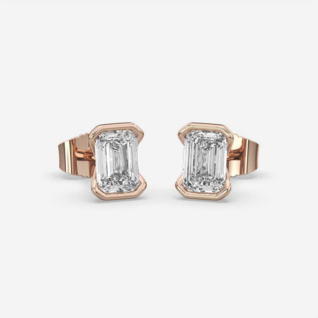 3.00 Ct E VS1 Emerald Cut Lab Grown Diamond Semi Bezel Studs, in rose gold, front view