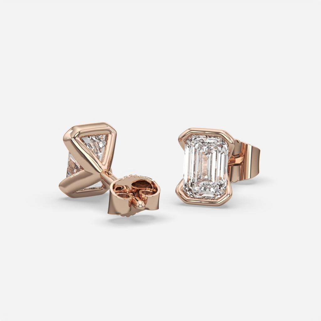 3.00 Ct E VS1 Emerald Cut Lab Grown Diamond Semi Bezel Studs, in rose gold, front view