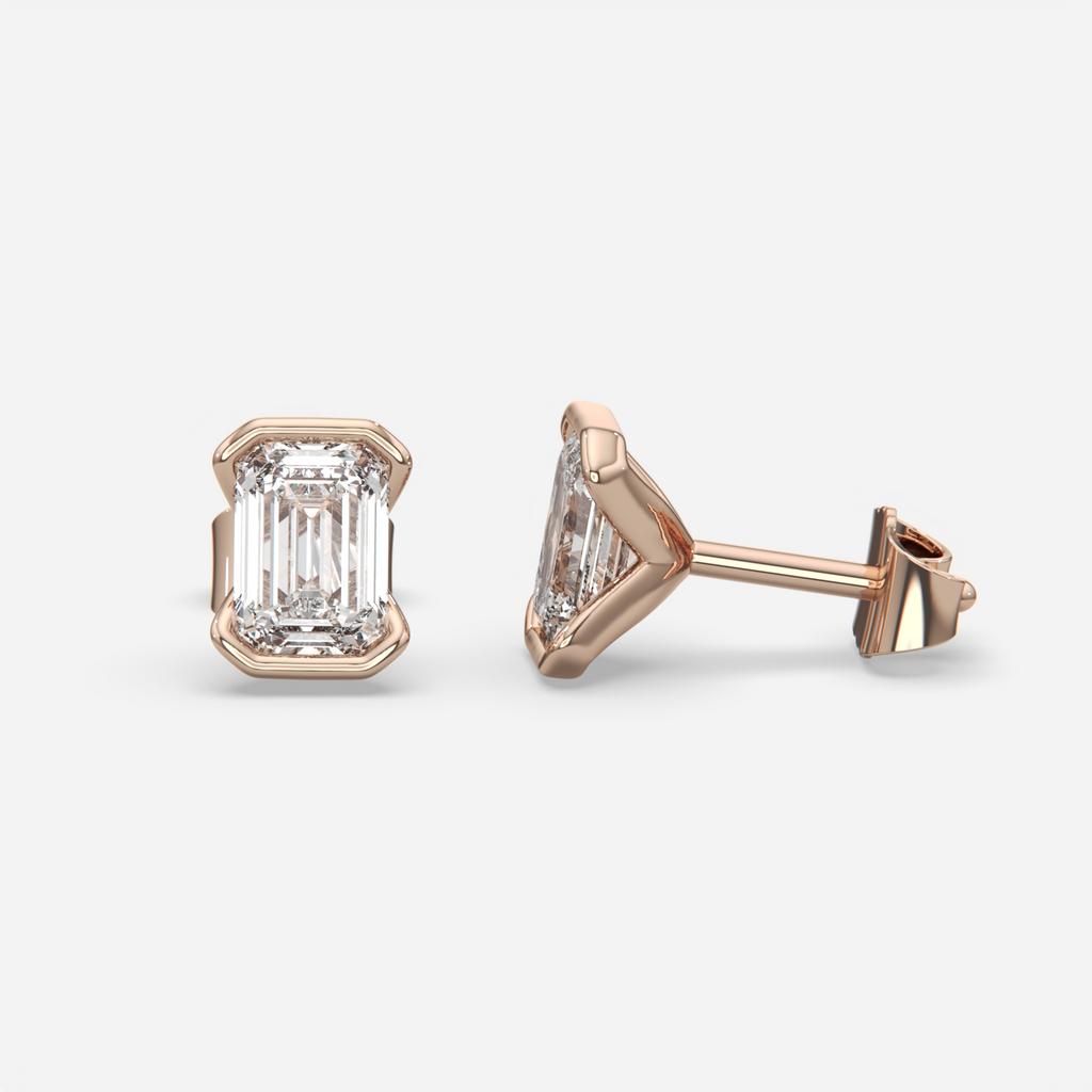 3.00 Ct E VS1 Emerald Cut Lab Grown Diamond Semi Bezel Studs, in rose gold, front view