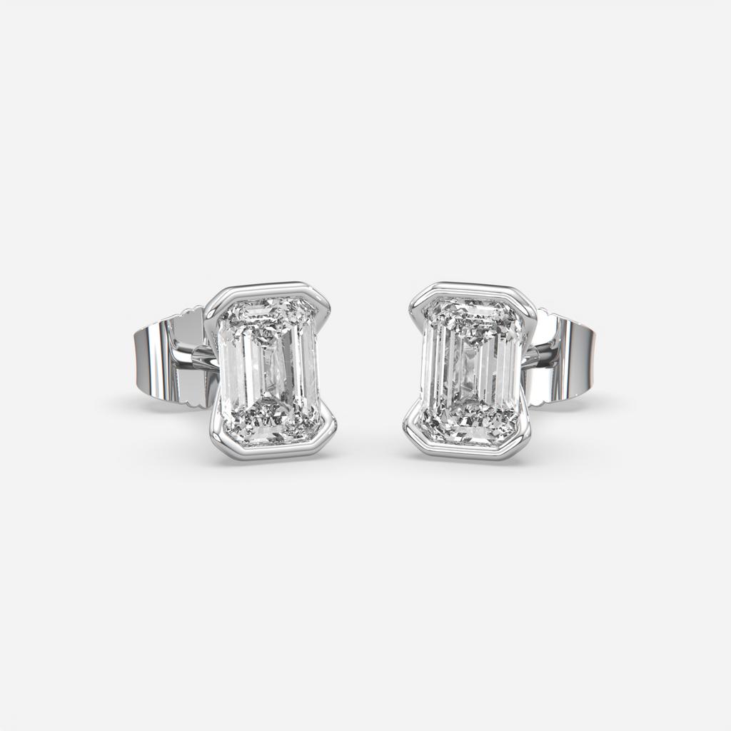 3.00 Ct E VS1 Emerald Cut Lab Grown Diamond Semi Bezel Studs, in white gold, front view