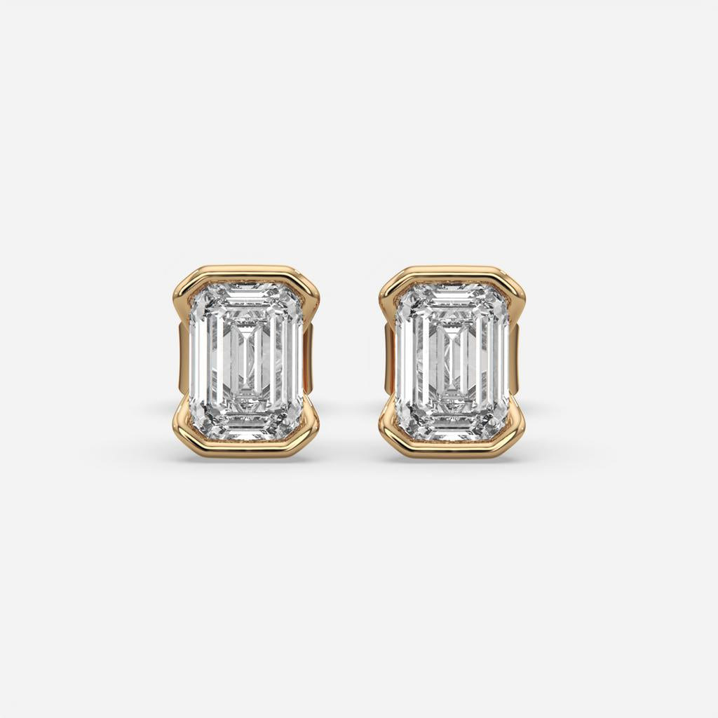 3.00 Ct E VS1 Emerald Cut Lab Grown Diamond Semi Bezel Studs, in yellow gold, front view