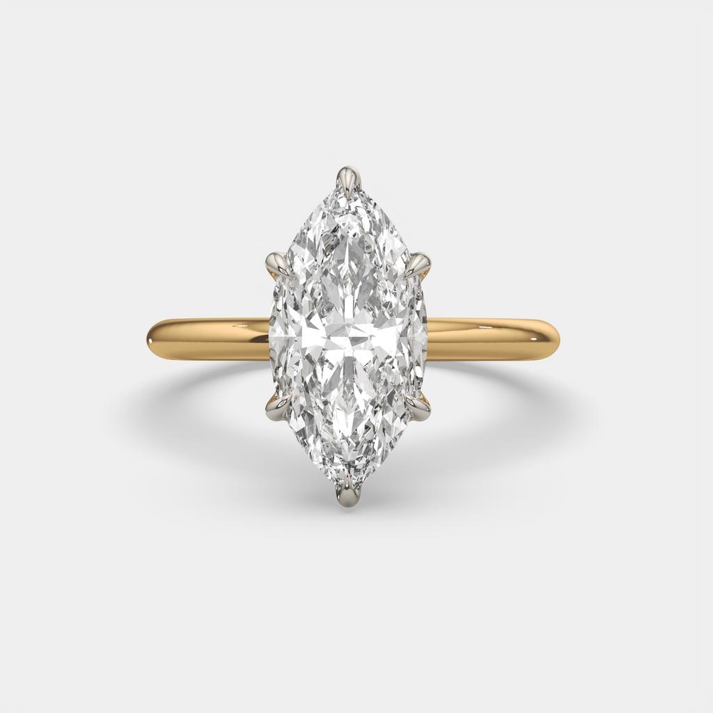 3.00 Ct E VS1 Marquise Lab Grown Diamond Solitaire Ring, in yellow gold, top view