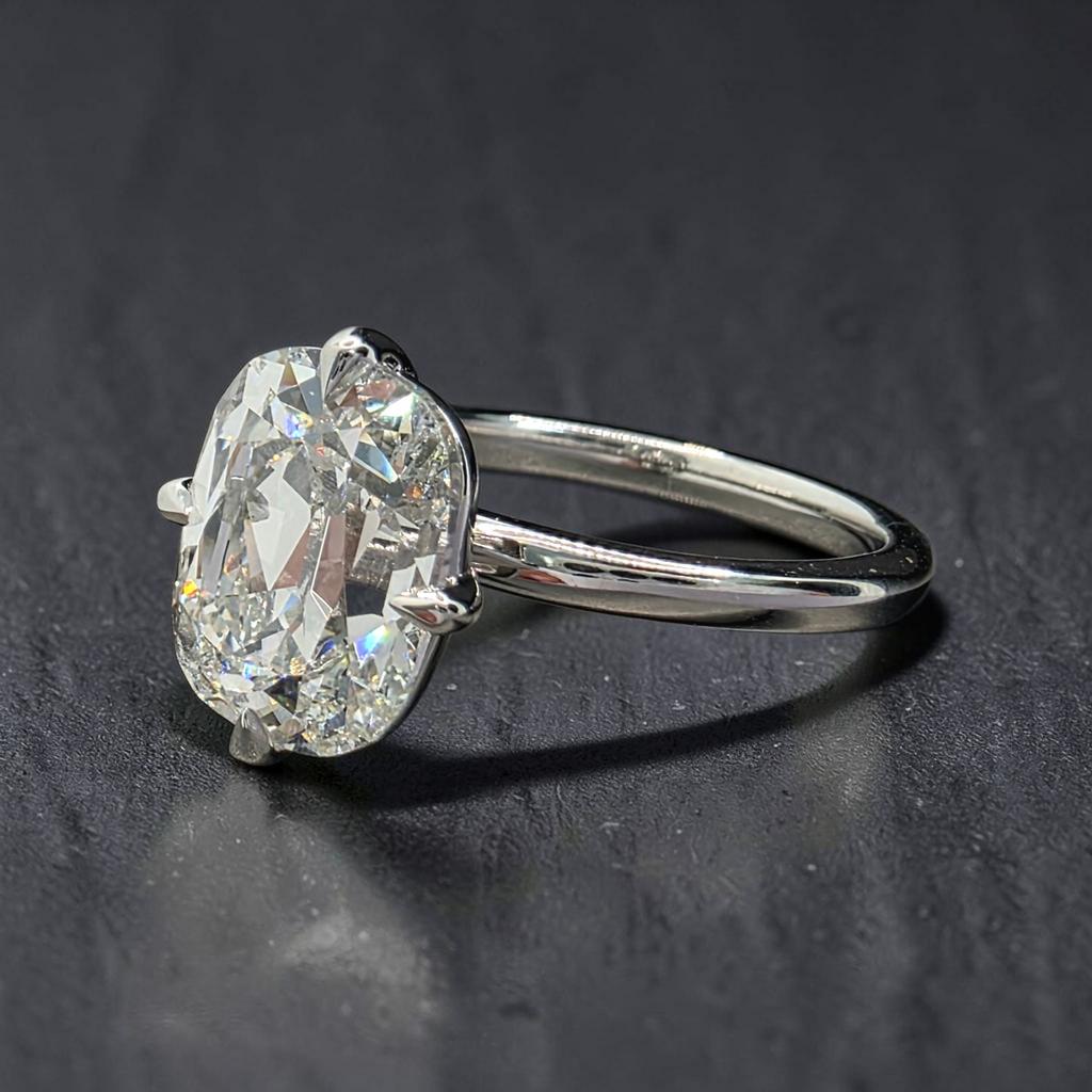 3.00 Ct E VS1 Old Mine Cushion Lab-Grown Diamond Solitaire Ring, in white gold, front view
