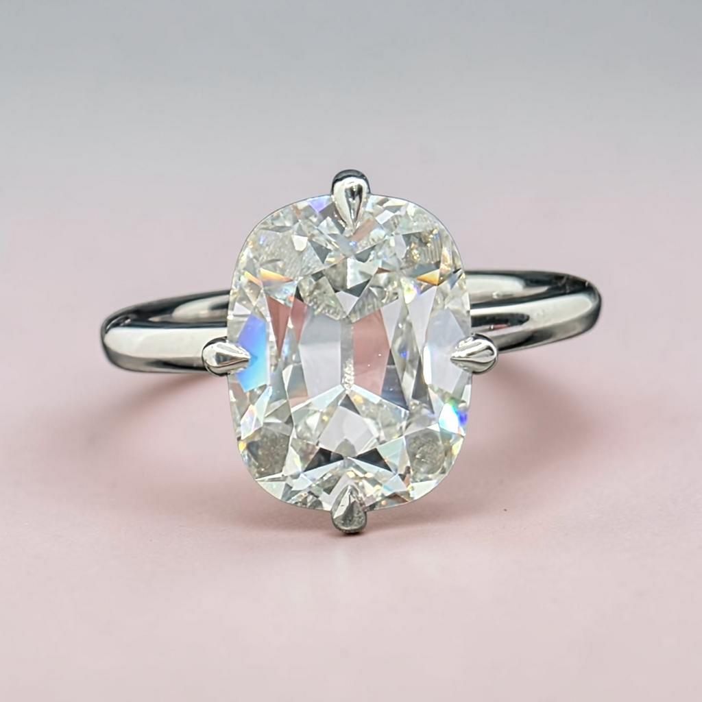3.00 Ct E VS1 Old Mine Cushion Lab-Grown Diamond Solitaire Ring, in white gold, front view